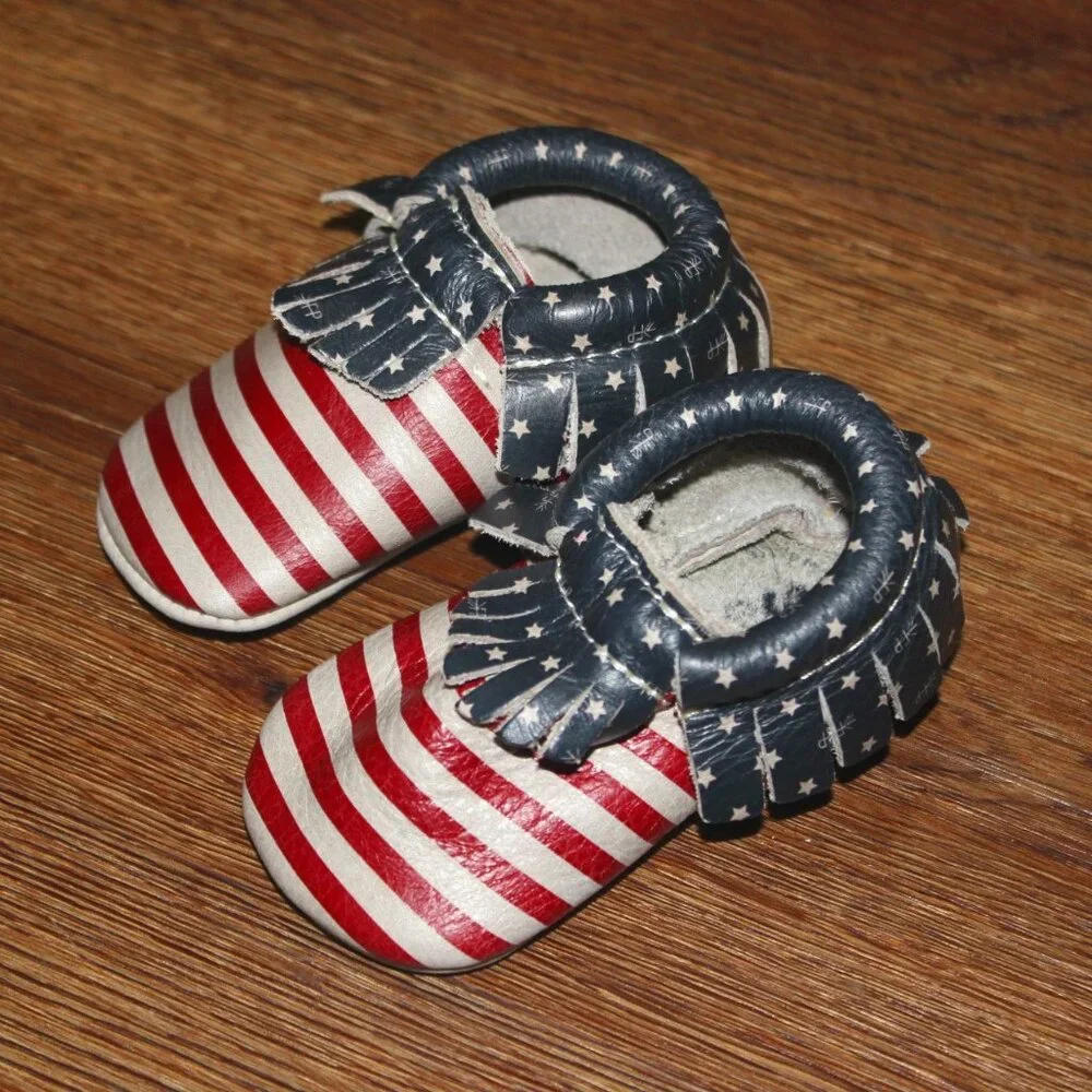 Baby Boys Girls Freshly Picked Born in the USA Stars Stripes Leather Moccasins 3